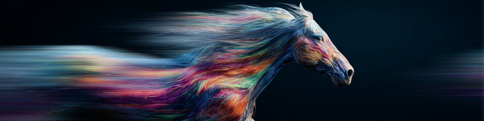 A colorful horse with a flowing mane runs against a dark background with a blur effect