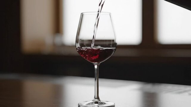 Red wine being poured into a tall wine glass with a long stem from a decanter on a wooden surface