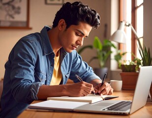 A young man is writing in a notebook, focused, with a laptop nearby