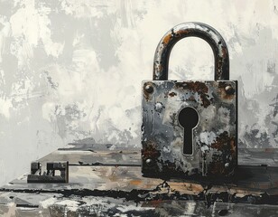 Close-up of a rusty, weathered padlock on a rough wooden surface