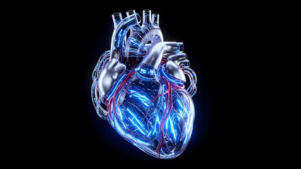 Blue Metallic Cybrog Heart with Glowing Lights in Blue, Y2K Surreal Style in Black Backdrop