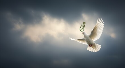 A solitary white dove with an olive branch in its beak soars against a dramatic sky, symbolizing