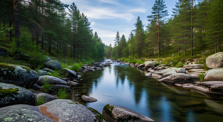 Calm Mountain Creek Surrounded by Rocky Terrain and Evergreen Forest, Fresh Summer Atmosphere Creating a Relaxing Nature Scene for Mindfulness, Outdoor Adventure, and Landscape Background Use