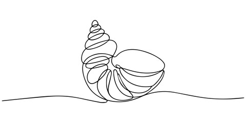 Continuous one line drawing of conch snail shell. Marine animal concept continuous line art. Single line art, One line art of a detailed clam shell, minimalist sea texture design, Oyster shells, pro. © Gerish