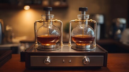 Two elegant glass flasks with amber liquid on a vintage brewing apparatus