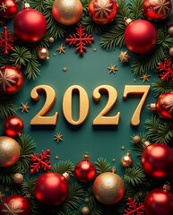 Luxury Holiday Flat Lay 2027 with Gold Numbers and Festive Ornaments, Elegant Background