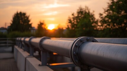 A vast industrial pipeline system is dramatically illuminated by the warm golden hues of a setting sun showcasing essential infrastructure against a