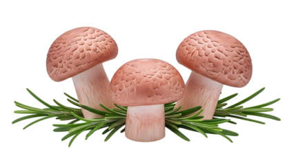 Three pink mushrooms with green foliage on black background