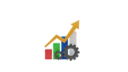 3D Growth Chart with Gears and Upward Arrow