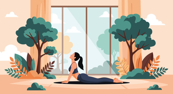 Young woman practicing the cobra yoga pose in a bright and airy room with large windows overlooking a lush green outdoor garden.