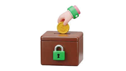 3D Illustration of Hand Depositing Coin into Locked Money Box