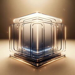 Elegant Golden Wireframe Cube with Radiant Warm Internal Light 3D