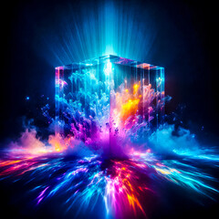 Rainbow Particle Explosion and Energy Streaks Inside Glass Cube 3D Art