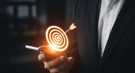 Business Goal Achieved With Smartphone Technology Target Hit Mobile Success Businessman Aimed Arrow On Phone Reaching Goals Success Strategies Planning