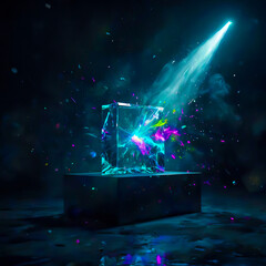 Glowing Rainbow Energy Cube with Magic Light Beams in Dark Space