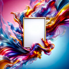 Vivid Rainbow Color Splash with Square White Frame Artistic 3D Backdrop
