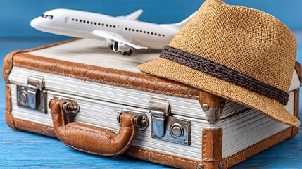 Travel-blog header: white case, hat & paper plane on pastel blue wood, soft IG filter, SEO “minimal packing list” image