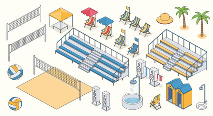 Comprehensive collection of isometric beach and volleyball items including courts bleachers lounge chairs and palm trees.