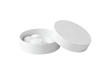 Open round white container holding several white, round objects