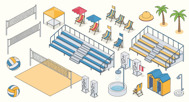 Comprehensive collection of isometric beach and volleyball items including courts bleachers lounge chairs and palm trees.