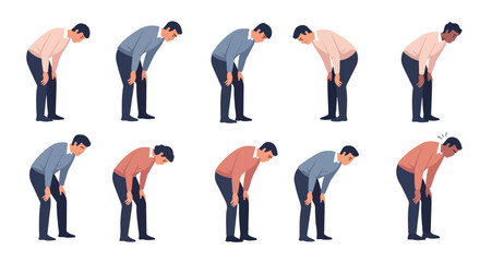 Men expressing pain and discomfort in various postures