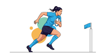 Strong female rugby player running fast with the ball towards the goal flag against a background of colorful abstract shapes.