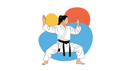 Focused woman in a white karate uniform performing a martial arts stance against a background of colorful abstract shapes.