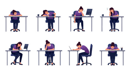 Woman burnout at desk in various tired poses