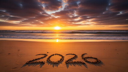New Year's hopeful sunrise paints the beach with the year 2026 written in sand.