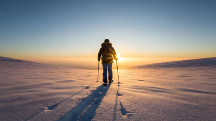 Lone hiker journeys across a vast, snow-covered landscape at sunrise, casting long shadows.