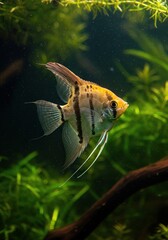 A beautiful, mature angelfish gracefully swimming among lush aquatic plants in a clear freshwater aquarium setting ,tropical ,aquarium ,environment