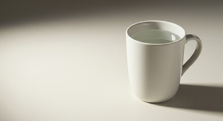 A ceramic beverage holder is filled with fresh, clear liquid, sitting peacefully on a clean, light-colored surface. Simple hydration concept ,water ,table ,cool water