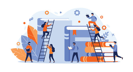 Tiny people interacting with giant books by climbing ladders and reading together in a conceptual illustration of learning and education.