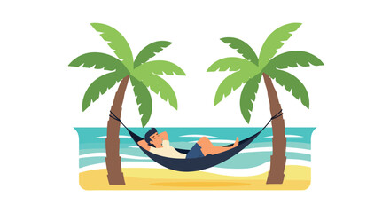 Relaxing man in hammock between palm trees on beach