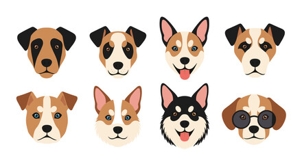 Fototapeta premium Set of eight diverse dog breed illustrations featuring different facial patterns, ear shapes, and colors for pet lovers and animal themes.