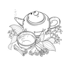 Cinnamon Tea in Teapot aroma beverage Outline Illustration. Vector isolated for Design and Decoration for Cafeteria, Posters, Banners, Cards.