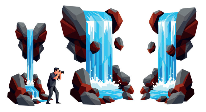 Photographer capturing waterfall landscape with rocks