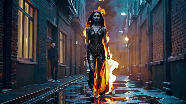 woman in fiery gown walks confidently through narrow city street, flames surrounding her as she steps. fierce woman, enveloped in flames, strides through quiet city alley. intense and fiery energy.