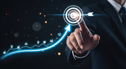 Business Goal Achievement with Arrow Hitting Target and Growth Graph Investment Success Financial Plan Direction Focus Strategy Solution Concept