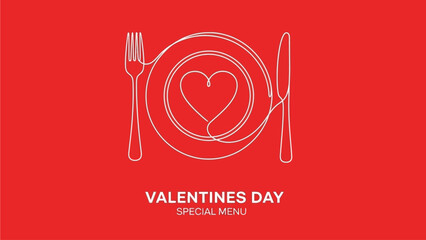 Elegant continuous line art illustration of a romantic Valentine's Day dinner setup with a heart-shaped plate, fork, and knife, ideal for special menu designs on a vibrant red background