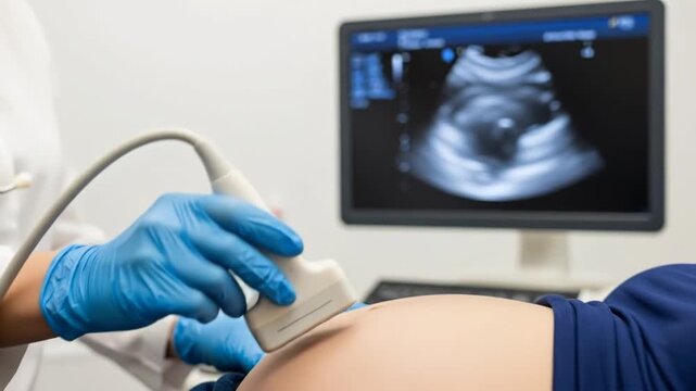 Doctor performing an ultrasound on a pregnant woman to check on her babys health.