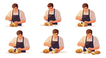 Man cutting potatoes sequence with transparent background