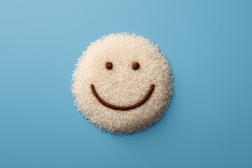 smiley face made of rice on blue background