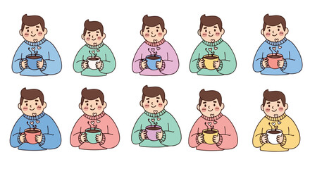 Man holding coffee in various colors