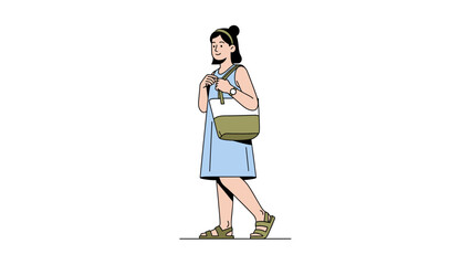 Fototapeta premium Stylish young woman with backpack and casual attire standing confidently isolated on a white