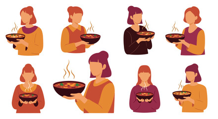 People holding bowls of soup, warm food concept
