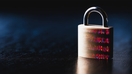 Cybersecurity Padlock with Binary Code Glitch Effect on Dark Background