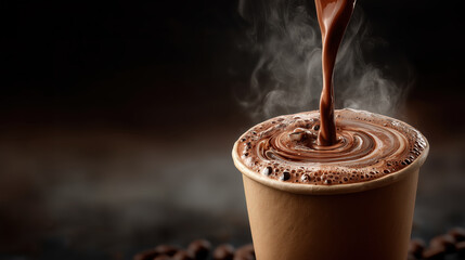 Steamy stream of thick creamy hot chocolate pouring into disposable cup on dark background with cozy feeling