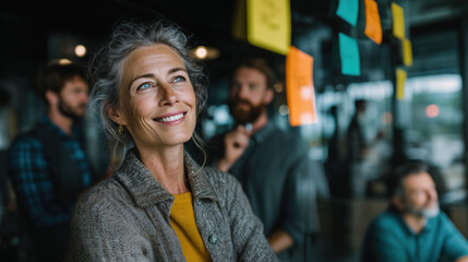 Smiling caucasian senior businesswoman standing near glass wall feeling confident happy with colleagues in office