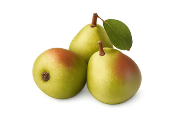Three green and red pears with a leaf on transparent background, fresh organic fruit for healthy eating and diet